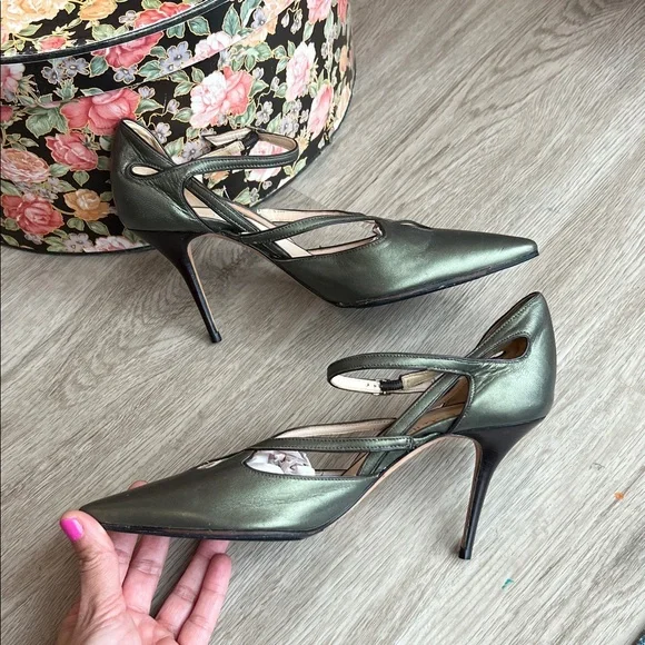 Cole Haan Collection Pointed Toe Strappy Pumps in Metallic Olive Green Leather - Picture 3 of 16